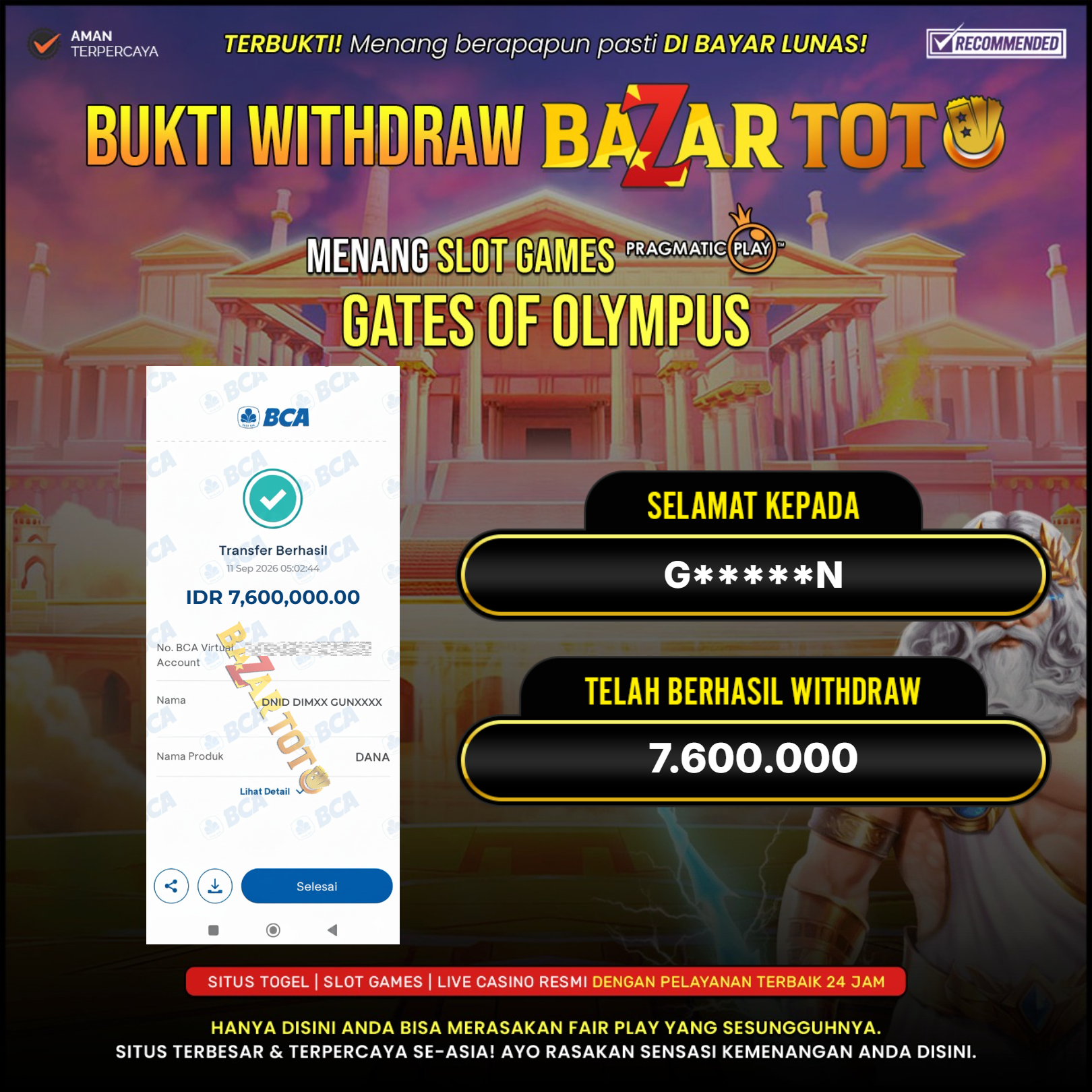 BAZARTOTO - JACKPOT SLOT GATES OF OLYMPUS 1000 Rp.8.700.000.,- LUNAS