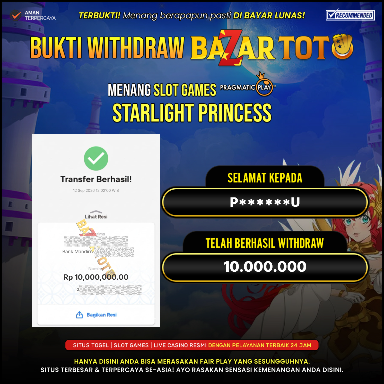 BAZARTOTO - JACKPOT SLOT STARLIGHT PRINCESS Rp.10.000.000.,- LUNAS