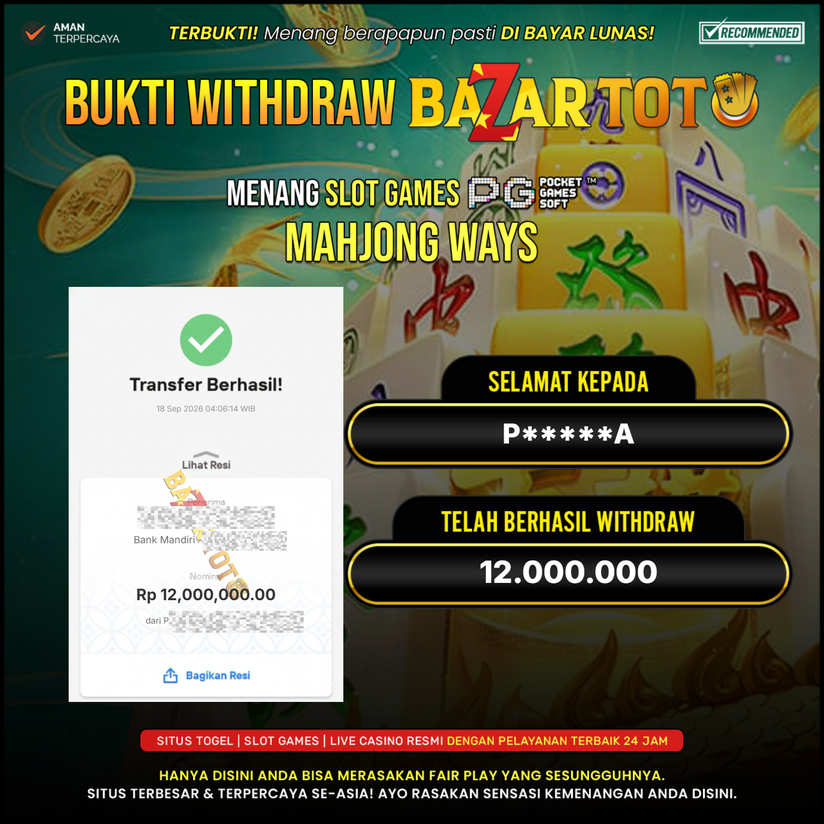 BAZARTOTO - JACKPOT SLOT MAHJONG WAYS Rp.12.000.000.,- LUNAS